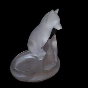 Frosted Glass WOLF AND TWO CUBS  Statue Candle Holder